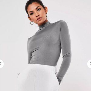 NWT Gray Slinky High Neck Long Sleeve Bodysuit
